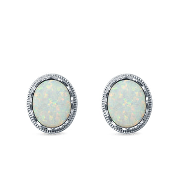Oval Stud Earrings Lab Created White Opal 925 Sterling Silver (12mm)